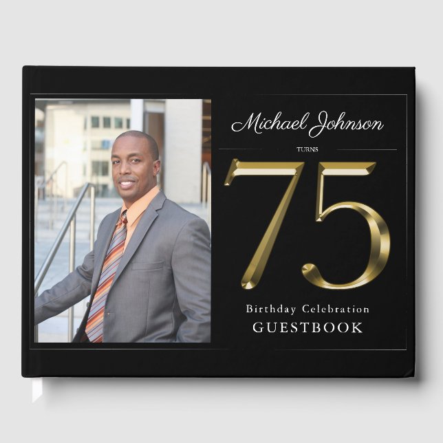 75th Solid Classy Black Gold Custom Photo Birthday Guest Book (Front)