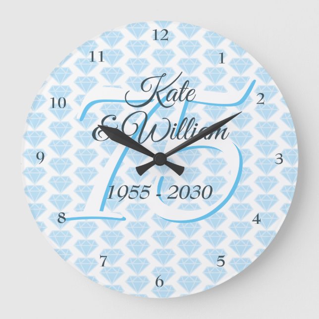 75th Wedding Anniversary Diamond Celebration Large Clock (Front)