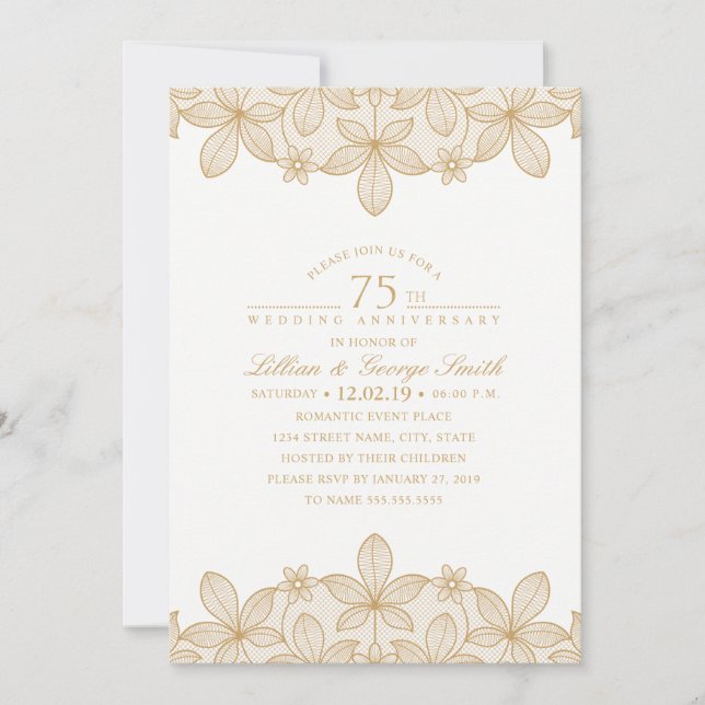 75th Wedding Anniversary Elegant Golden Lace Invitation (Front)