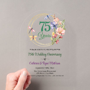 75th Wedding Anniversary Gold Frame Floral Acrylic Invitations