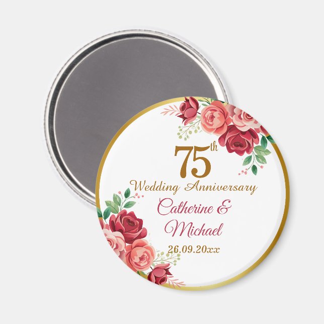75th Wedding Anniversary Gold Frame Floral Magnet (Front/Back)