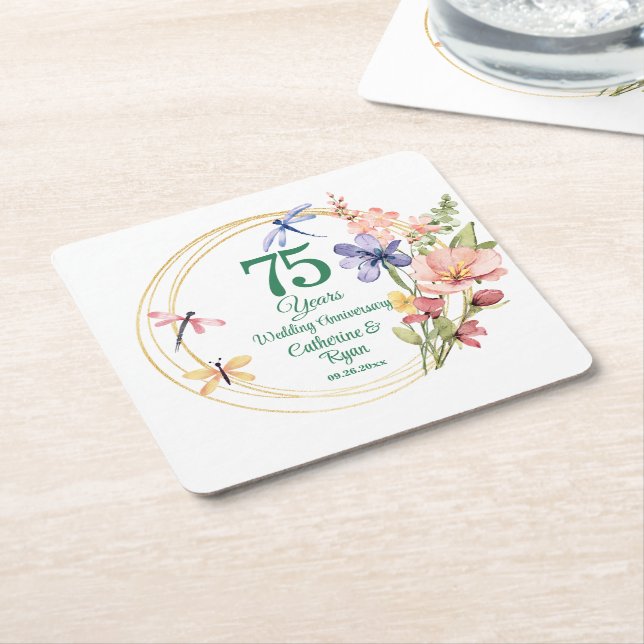 75th Wedding Anniversary Gold Frame Floral Square Paper Coaster (Angled)