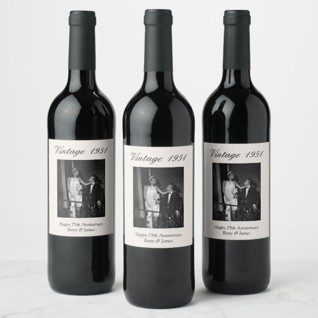 75th Wedding Anniversary Party Decor Custom Photo Wine Label (Bottles)