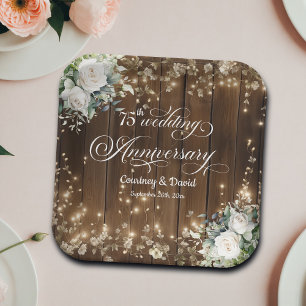 75th Wedding Anniversary Rustic String Lights Paper Plate