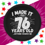 76 Year Old Sarcastic Meme Funny 76th Birthday Paper Plate<br><div class="desc">This funny 76th birthday design makes a great sarcastic humour joke or novelty gag gift for a 76 year old birthday theme or surprise 76th birthday party! Features 'I Made it to 76 Years Old... Nothing Scares Me' funny 76th birthday meme that will get lots of laughs from family, friends,...</div>