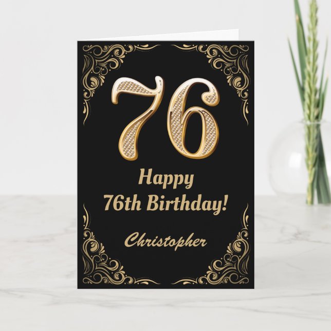76th Birthday Black and Gold Glitter Frame Card (Front)