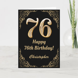 76th Birthday Black and Gold Glitter Frame Card