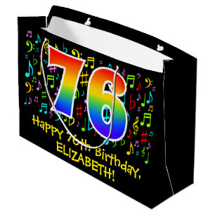 76th Birthday - Colorful Music Symbols, Rainbow 76 Large Gift Bag