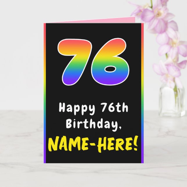 76th Birthday: Colourful Rainbow # 76, Custom Name Card (Orchid)