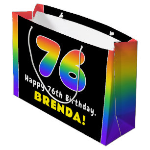 76th Birthday: Colourful Rainbow # 76, Custom Name Large Gift Bag