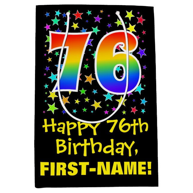 76th Birthday: Colourful Stars Pattern & Rainbow 7 Medium Gift Bag (Front)