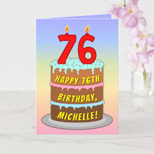 76th Birthday — Fun Cake & Candles, w/ Custom Name Card