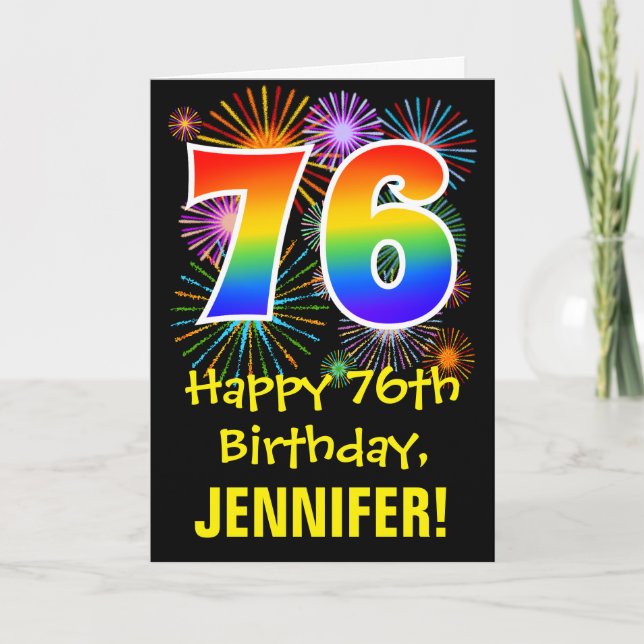 76th Birthday: Fun Fireworks Pattern + Rainbow 76 Card (Front)
