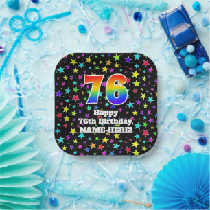 76th Birthday: Fun Stars Pattern and Rainbow “76 Paper Plate