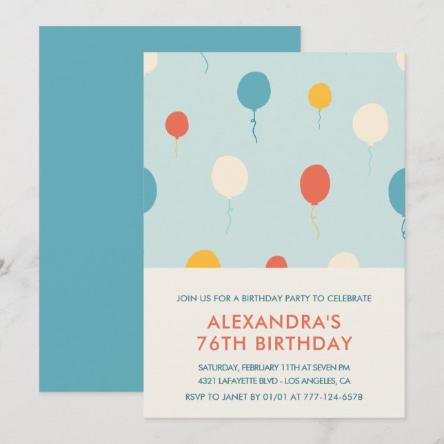 76th birthday invitations Balloons Modern  (Front/Back)