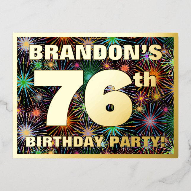 76th Birthday Party: Bold, Colourful Fireworks Loo Foil Invitation Postcard (Front)