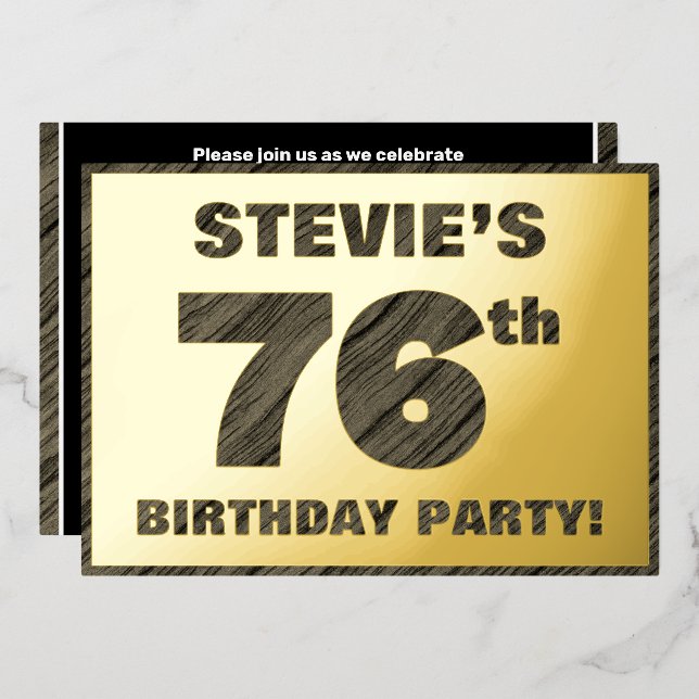 76th Birthday Party — Bold, Faux Wood Grain Text (Front/Back)