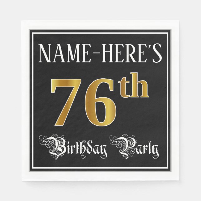 76th Birthday Party — Fancy Script, Faux Gold Look Napkin (Front)