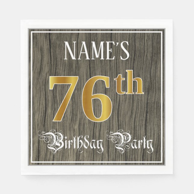 76th Birthday Party — Faux Gold & Faux Wood Looks Napkin (Front)