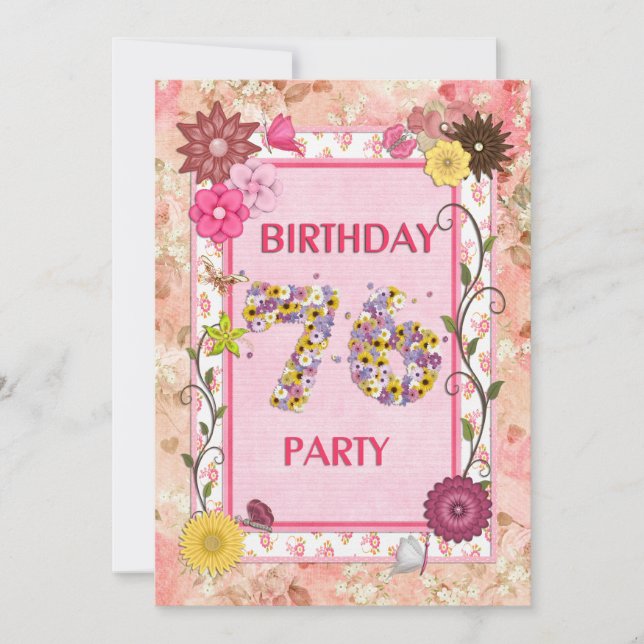 76th birthday party invitation with floral frame (Front)