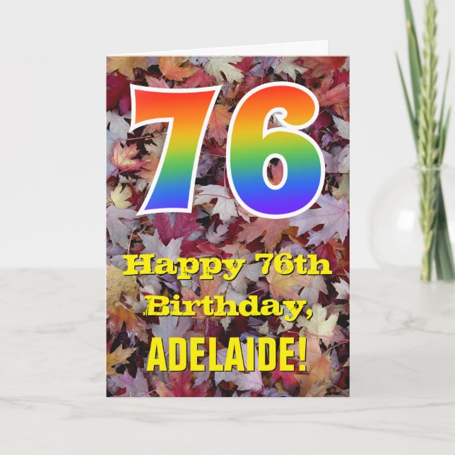76th Birthday; Rustic Autumn Leaves; Rainbow "76" Card (Front)