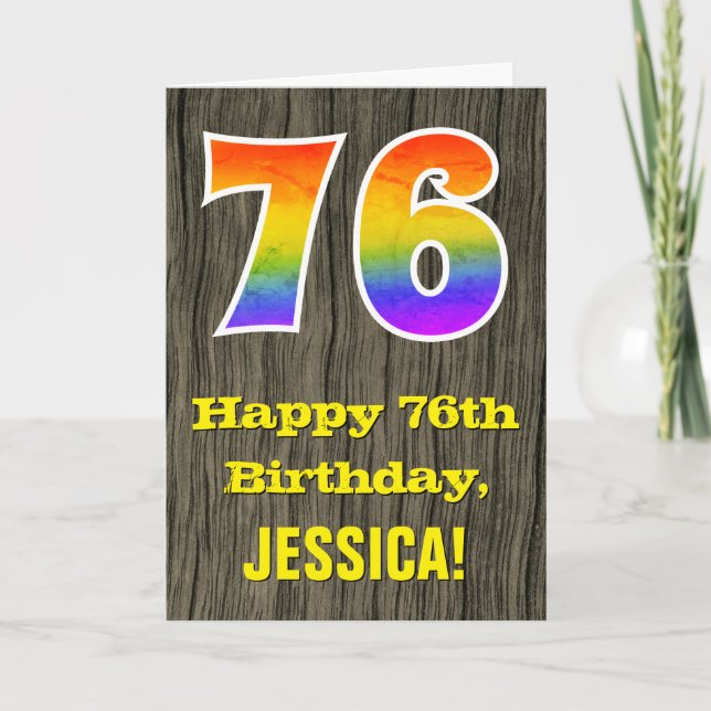 76th Birthday: Rustic Faux Wood Look, Rainbow "76" Card (Front)