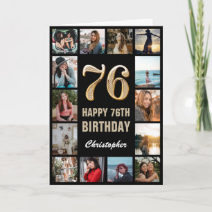 76th Happy Birthday Black and Gold Photo Collage Card