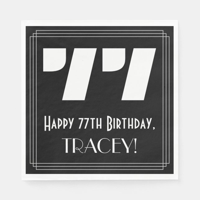 77th Birthday: Art Deco Inspired Look "77" + Name Napkin (Front)