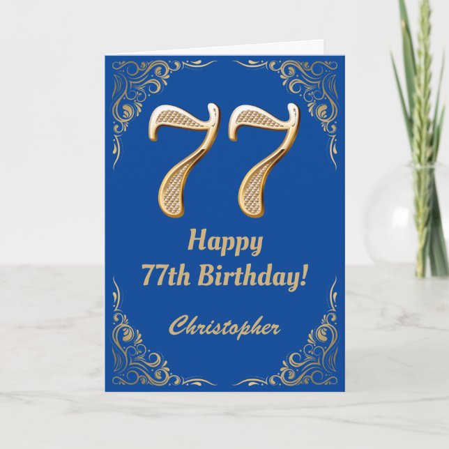 77th Birthday Blue and Gold Glitter Frame Card (Front)