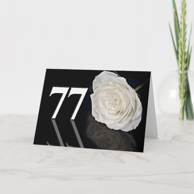 77th Birthday Card with a classic white rose (Front)