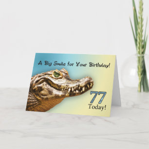 77th Birthday card with a smiling alligator