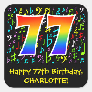 77th Birthday: Colorful Music Symbols, Rainbow 77 Square Sticker