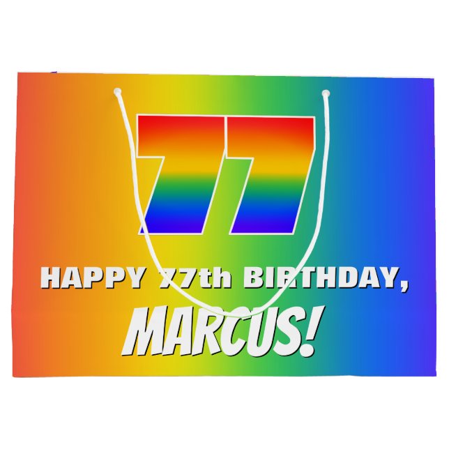 77th Birthday: Colourful, Fun Rainbow Pattern # 77 Large Gift Bag (Back)
