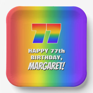 77th Birthday: Colourful, Fun Rainbow Pattern # 77 Paper Plate