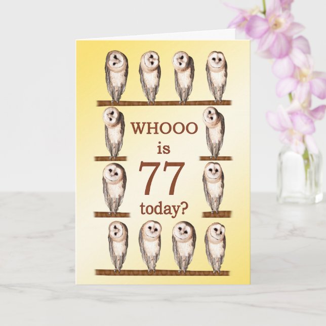 77th Birthday, Curious Owls Card (Orchid)