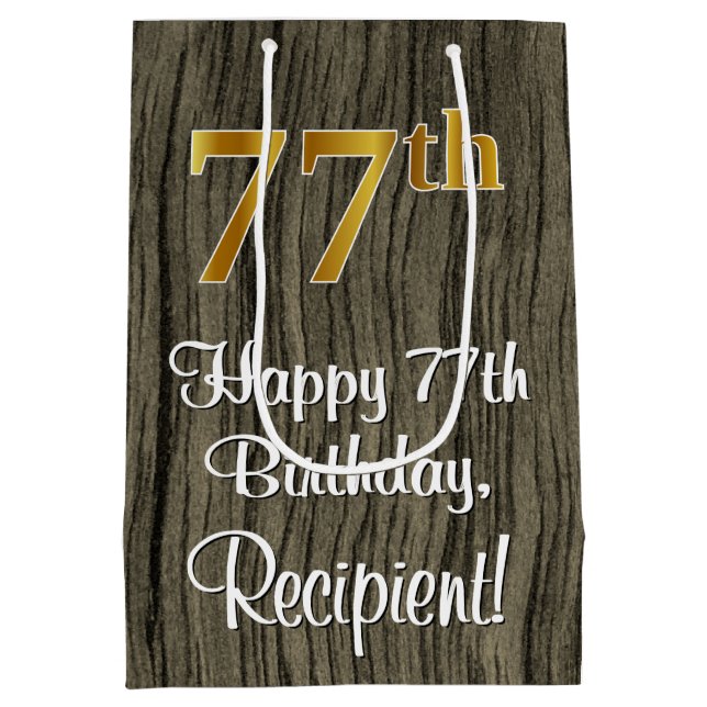 77th Birthday: Elegant Faux Gold Look #, Faux Wood Medium Gift Bag (Back)