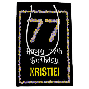 77th Birthday: Floral Flowers Number, Custom Name Medium Gift Bag