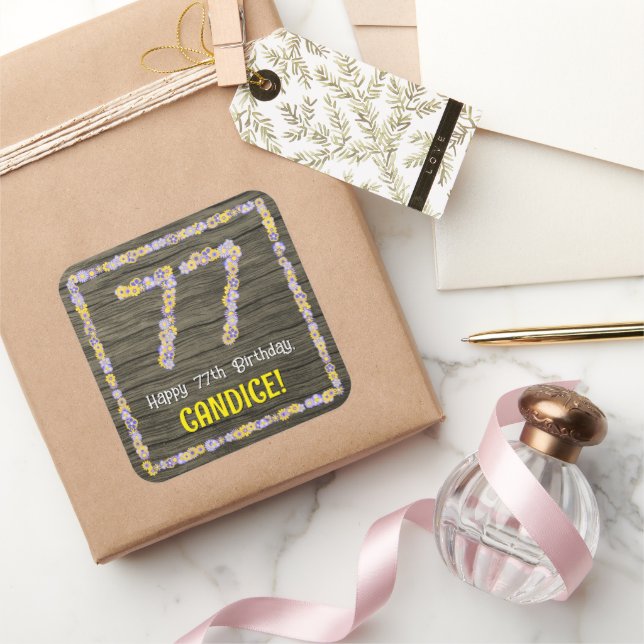 77th Birthday: Floral Number, Faux Wood Look, Name Square Sticker (Gifting)