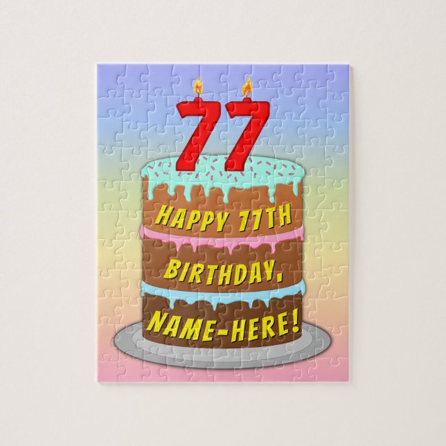 77th Birthday: Fun Cake and Candles + Custom Name Jigsaw Puzzle (Vertical)