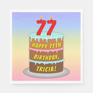 77th Birthday: Fun Cake and Candles + Custom Name Napkin