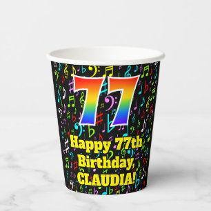 77th Birthday: Fun Music Notes Pattern, Rainbow 77 Paper Cups