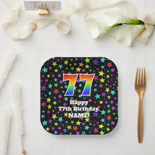 77th Birthday: Fun Stars Pattern and Rainbow “77 Paper Plate