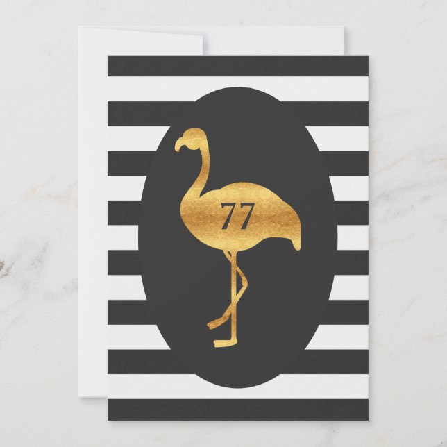 77th Birthday Gold Flamingo Black White Stripes Invitation (Front)