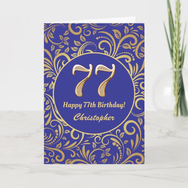 77th Birthday Navy Blue and Gold Floral Pattern Card (Front)
