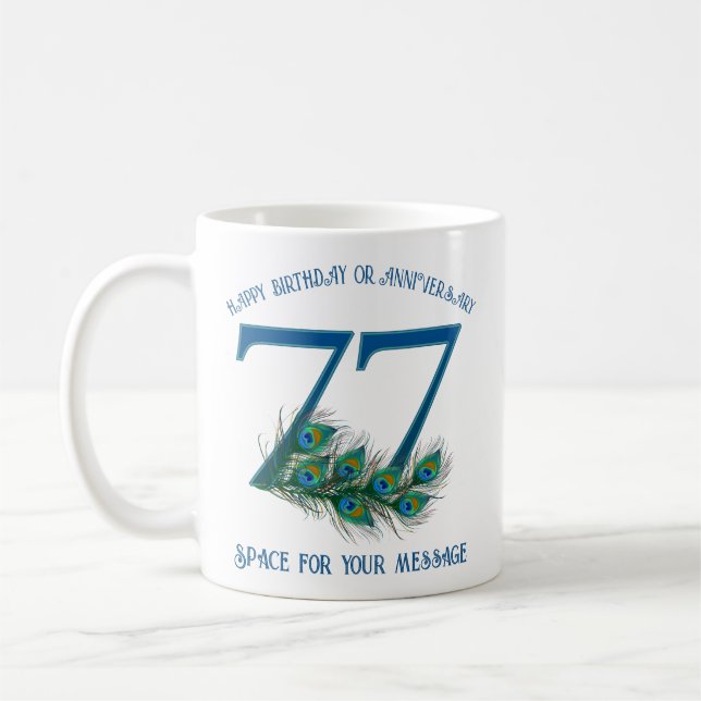77th Birthday Or Anniversary Peacock Feather Coffee Mug (Left)
