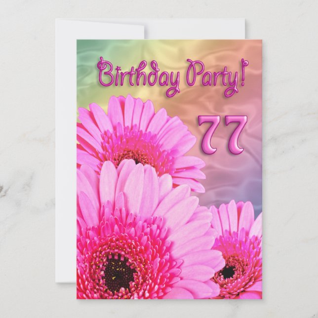 77th Birthday party invitation with pink flowers (Front)