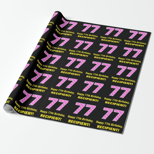77th Birthday: Pink Stripes and Hearts "77" + Name Wrapping Paper (Unrolled)