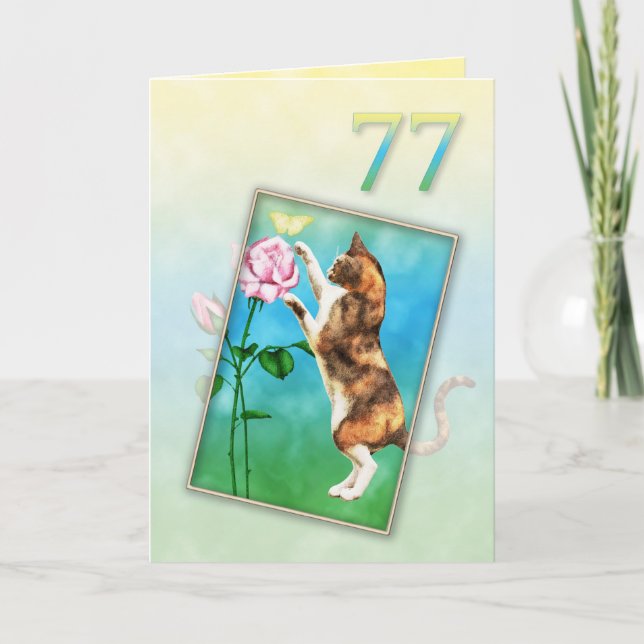 77th Birthday with a playful cat Card (Front)