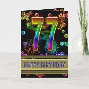 77th Birthday with rainbow bubbles and fireworks Card