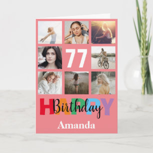 77th Happy Birthday Photo Collage Modern Pink Card